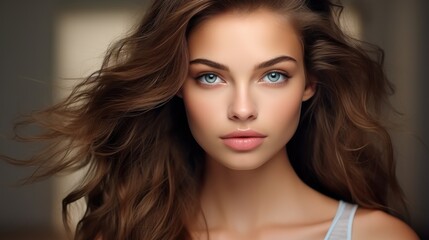 Fototapeta premium Beautiful young woman with curly hair and clear skin, Skin care beauty, Wellness or healthy glow.