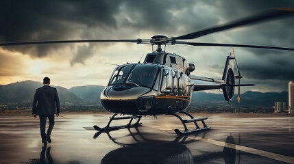 Businessman with private helicopter transport, business travel concept.