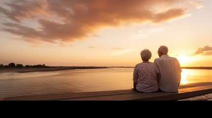 Rear view, Seniors enjoying of retirement with a beach at sunset.