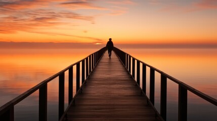 Lone figure standing on a long pier wooden at sunset. - obrazy, fototapety, plakaty