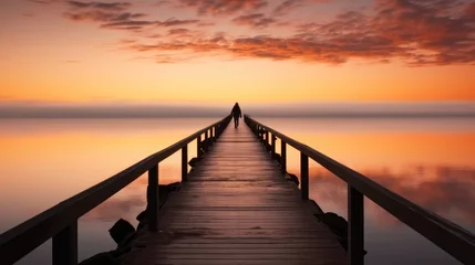 Gordijnen Lone figure standing on a long pier wooden at sunset. © visoot