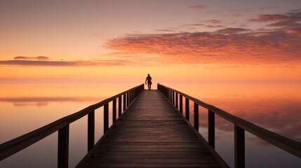 Lone figure standing on a long pier wooden at sunset.