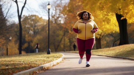 Beautiful overweight african american woman running outdoors in park. Fat lady jogging, Plus size fitness lifestyle. Weight Loss, Full length Shot