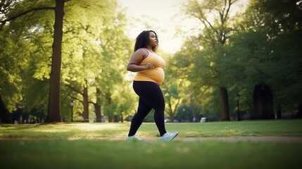 Beautiful overweight african american woman running outdoors in park. Fat lady jogging, Plus size fitness lifestyle. Weight Loss, Full length Shot