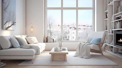Fototapeta premium interior design, scandinavian style, scandinavian design, white style, living room, modular furniture with cotton textiles, wooden floor, low ceiling, large steel windows viewing a city, carpet on the