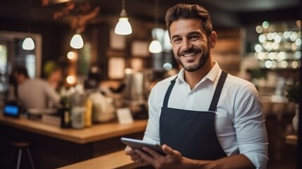 Obraz premium Small business, Happy waiter holding a tablet in restaurant, Success and confidence in business.