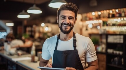 Fototapeta premium Small business, Happy waiter holding a tablet in restaurant, Success and confidence in business.