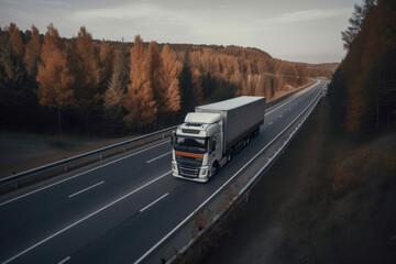 A semi truck driving along a deserted highway at sunset, the only vehicle for miles the epitome of freedom on the open road. AI Generative.