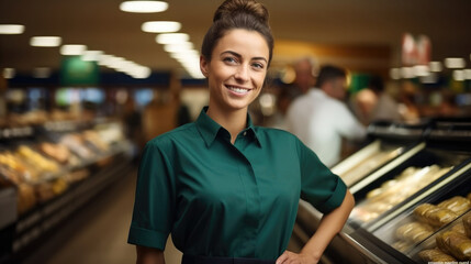 Cashier serving customers in supermarket, Young woman attractive salesman.