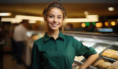 Fototapeta premium Cashier serving customers in supermarket, Young woman attractive salesman.