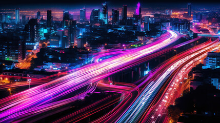 Fototapeta na wymiar aerial city scene of a colorful cityscape showing highways and a traffic light trail - generative AI
