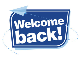 Welcome back tag with a paper plane