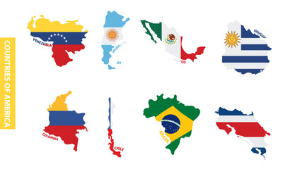 Set of colored latin american country maps with its flags Vector