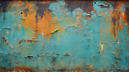 Photo of a weathered and colorful metal surface with peeling paint