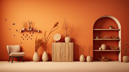 Orange toned interior design concept in a vacant living room with plaster walls, parquet flooring, a wooden arched niche, and 3D illustrations of vases holding dried plants, ears, and a sheaf.