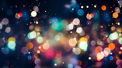 Multicolor bokeh, raining light, blurry lights, blurry background, rainbow confettis on a black background, colorful, night lights, city lights, haze, depth of field, round bokeh, circle bokeh