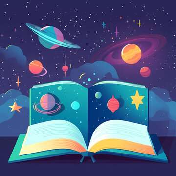 open book with space background, Imagination and inspiration for children education. Fantasy and creative ,Galaxy ,Vector flat illustration.