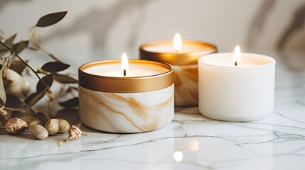 Fototapeta na wymiar Burning soy candles on white marble, room for text.
