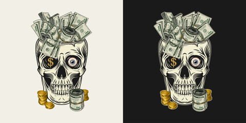 Human skull with single eye,100 dollar bills, gold dollar sign, coins. Skull like cup full of cash money. Concept of making money. Vintage style