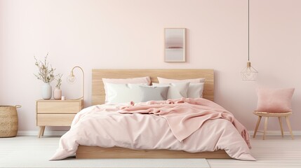 a pastel pink bedroom interior in a home mockup.