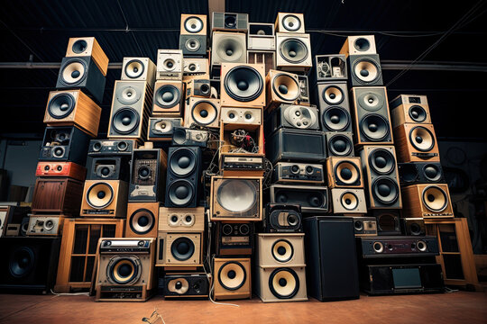 Wall of hi-fi audio speakers. Mid sized audio speakers or monitors stacked up.