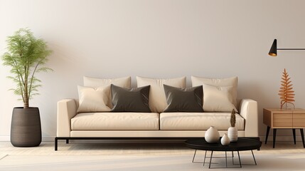 Beige sofa, black console, coffee table, pouf, mock up poster frame, and creative personal accessories in an elegant living room. Copy space provided. Template included.