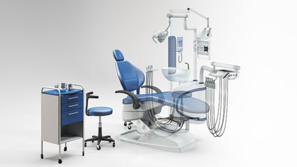 Dentist chair with tools for stomatology and oral hygiene, empty, nobody, 3d rendering. 3d illustration