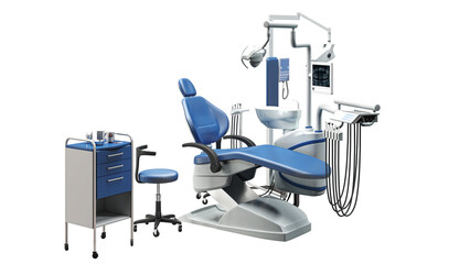 Dentist chair with tools for stomatology and oral hygiene, empty, nobody, 3d rendering - 639422531