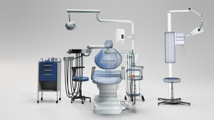 Dentist chair with tools for stomatology and oral hygiene, empty, nobody, 3d rendering. 3d illustration
