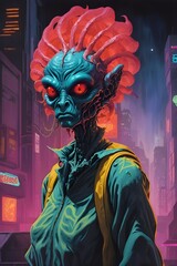 Fototapeta na wymiar Neon Nightmare Unveiling the Sinister Secrets of the Alien City (Generative AI)