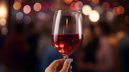 Foto op Plexiglas Hand holding glass of red wine , people cheering, cheers, spending a moment together with friends, party, happy moment, wine tasting, cheering, family © Ncorp