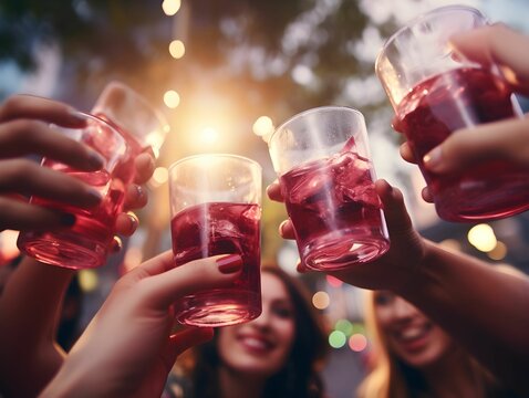 Hand holding glass of pink cocktail, people cheering, cheers, spending a moment together with friends, party, happy moment, nightclub, restaurant, cheering, family