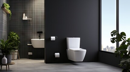  a bathroom with a black wall mounted toilet, matching accessories (toilet paper holder and toilet brush), and white ceramic tiles.
