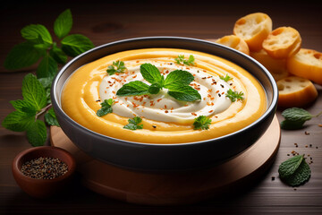 Creamy Carrot Delight - A Wholesome Soup on a Wooden Canvas.
A rustic wooden table serves as the stage for this culinary masterpiece. The arrangement is meticulously centered, capturing attention.