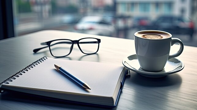 A tranquil photo showcasing a cup of espresso coffee, a notebook, a pencil, and glasses on a white table.