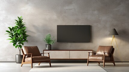 a modern living room with a wooden TV cabinet, armchair, and plant against a concrete wall background
