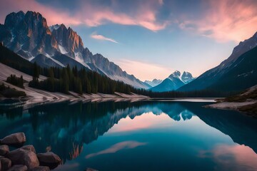 a secluded mountain lake nestled between majestic peaks, its crystal-clear waters reflecting the pastel hues of a dawn sky