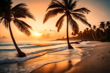 a serene tropical beach at sunset, with palm trees swaying gently in the breeze