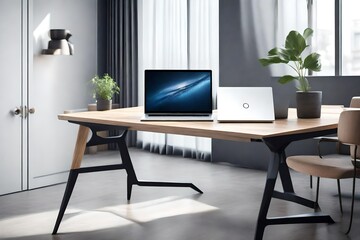 a sleek laptop placed on a clean and modern office table