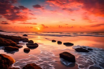 Obraz premium a tranquil beach at sunset with vibrant hues in the sky and calm waves