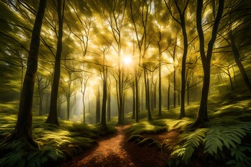 dense forest with sunlight filtering through the leaves, creating a network of golden veins that traverse the canopy