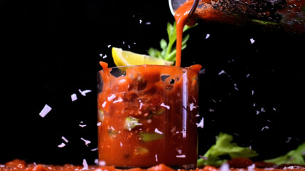 Fototapeta na wymiar Absorbing the beauty of savory and Classy Bloody Mary mix gently immersing onto a glass with maintaining its delicate splotches all available to view in mesmerizing slow motion.