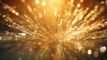 Bursts of glistening light sparkle against a droplet of sparkling water slowly dispersing and evaporating in perfect slow motion.