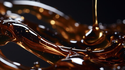 Closeup shot of glistening droplets of Balsamic glaze suspended midair rotating gracefully against a dark background.