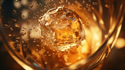 A closeup of a circular ice cube as it slowly melts in a glass of golden vermouth the droplets glistening as they drip and spread across the surface.