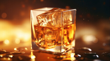 A detailed shot of an ice cube the subtle hints of cinnamon and ginger cradled within the hazy amber liquid of the vermouth slowly pooling back in a mesmerizing trail.