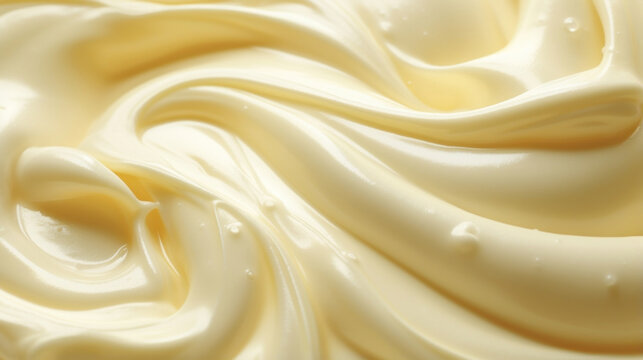 A transfixing tableau of gracefully curving rivulets rendered in vivid detail as the mayonnaise rolls slowly across the frame in macro magnificence.