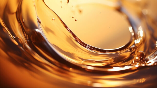 A slow motion macro shot of a single drop of vermouth as it cascades into a glass swirled in a gentle eddy of liquid and reflecting the warm afternoon sun.