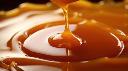 Mesmerizing macro shot of a thick luxuriously smooth caramel sauce in delightful slow motion.