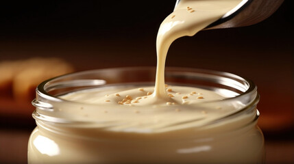 A closeup view of thick and creamy tahini as it is slowly poured out of a jar in a captivatingly slow speed.